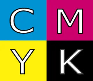 CMYK color model design with Cyan, Magenta, Yellow, and Black squares, used in screen printing with plastisol ink.