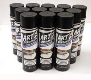 A stack of ART2 silk screen spray cans arranged neatly, showcasing their labeling and design.